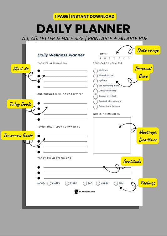 Daily Wellness Planner – Self-Care, Mood, and Habit Tracker – Undated, Printable & Fillable (A4/A5/Half Letter/US Letter) – Plannerllama