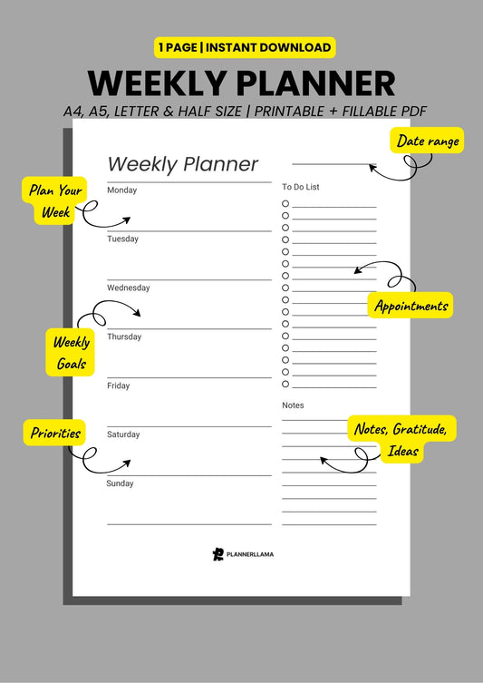 Generic Weekly Planner – Undated, Printable & Fillable (A4/A5/Half Letter/US Letter) – Plannerllama