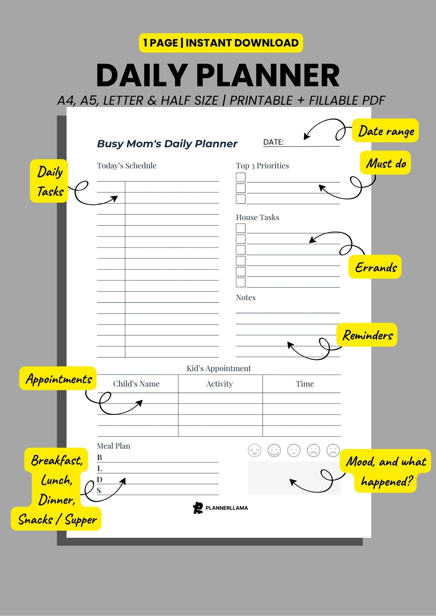 Busy Moms Daily Planner – Undated, Printable & Fillable (A4/A5/Half Letter/US Letter) – Plannerllama