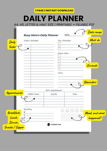 Busy Moms Daily Planner – Undated, Printable & Fillable (A4/A5/Half Letter/US Letter) – Plannerllama