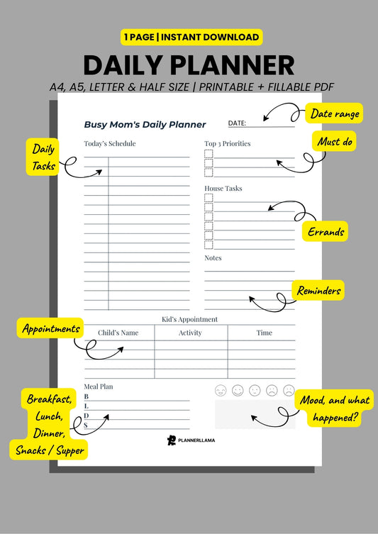 Busy Moms Daily Planner – Undated, Printable & Fillable (A4/A5/Half Letter/US Letter) – Plannerllama