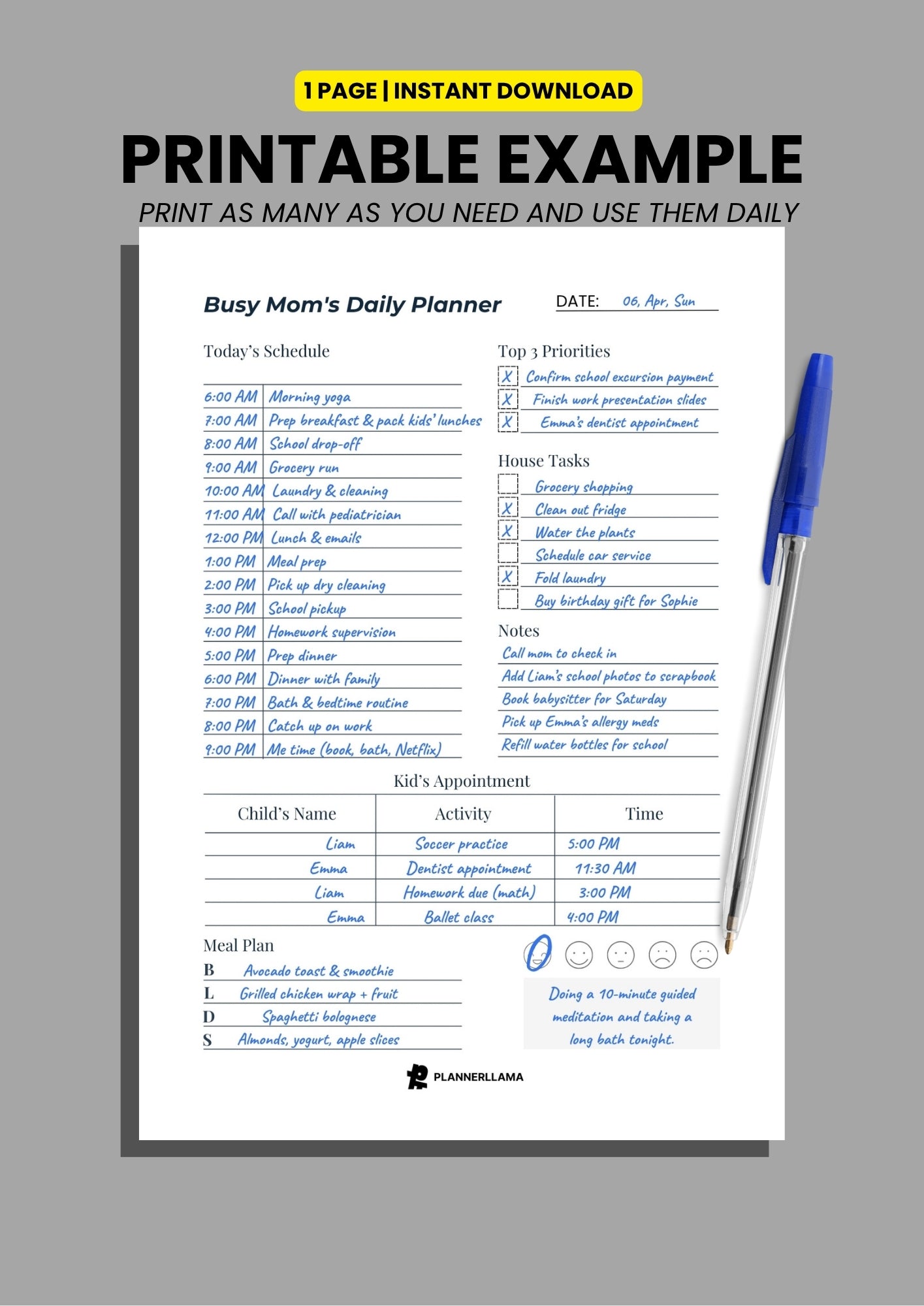 Busy Moms Daily Planner – Undated, Printable & Fillable (A4/A5/Half Letter/US Letter) – Plannerllama