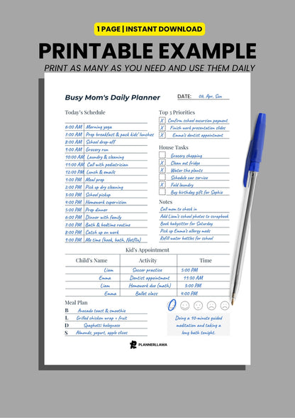 Busy Moms Daily Planner – Undated, Printable & Fillable (A4/A5/Half Letter/US Letter) – Plannerllama