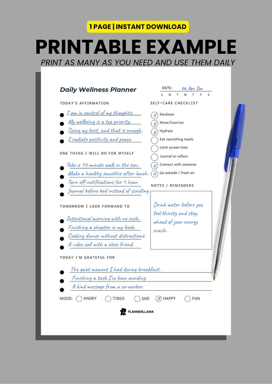 Daily Wellness Planner – Self-Care, Mood, and Habit Tracker – Undated, Printable & Fillable (A4/A5/Half Letter/US Letter) – Plannerllama