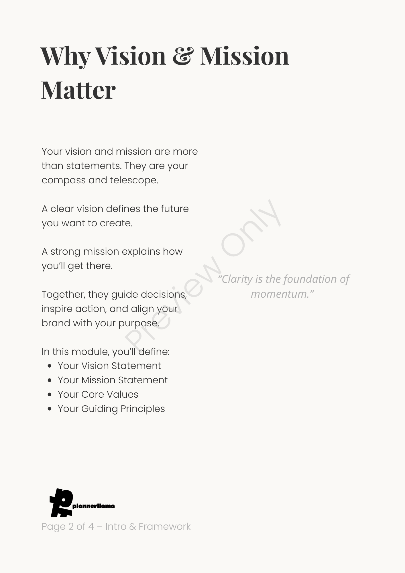 Vision & Mission Builder – Module 1 | Color + Ink Saver Planner PDF