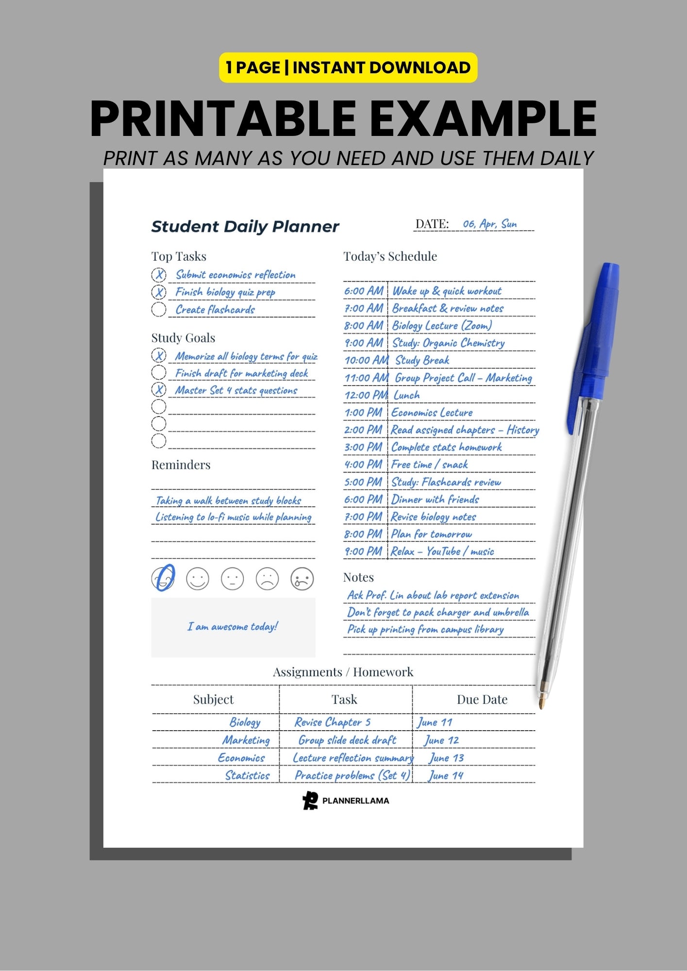 Student Daily Planner – Study & Class Schedule Organizer – Undated, Printable & Fillable (A4/A5/Half Letter/US Letter) – Plannerllama