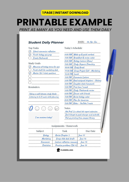 Student Daily Planner – Study & Class Schedule Organizer – Undated, Printable & Fillable (A4/A5/Half Letter/US Letter) – Plannerllama