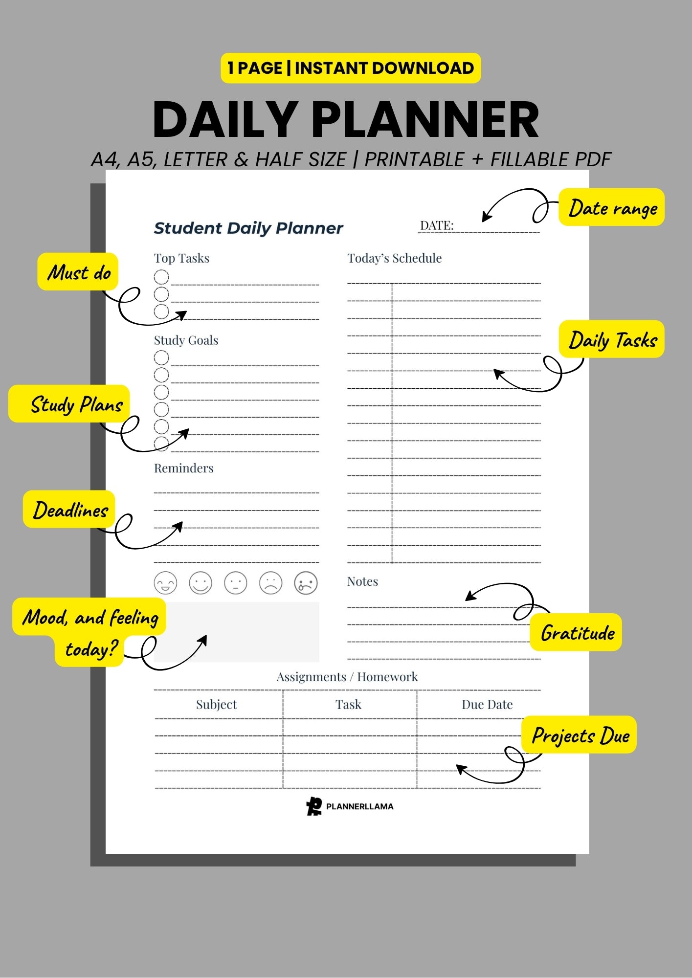 Student Daily Planner – Study & Class Schedule Organizer – Undated, Printable & Fillable (A4/A5/Half Letter/US Letter) – Plannerllama