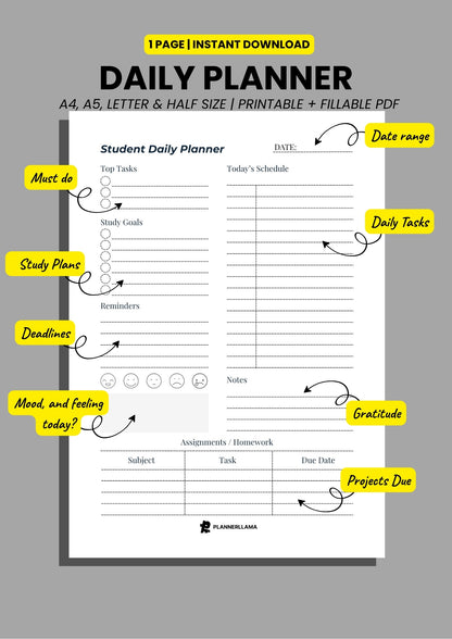 Student Daily Planner – Study & Class Schedule Organizer – Undated, Printable & Fillable (A4/A5/Half Letter/US Letter) – Plannerllama