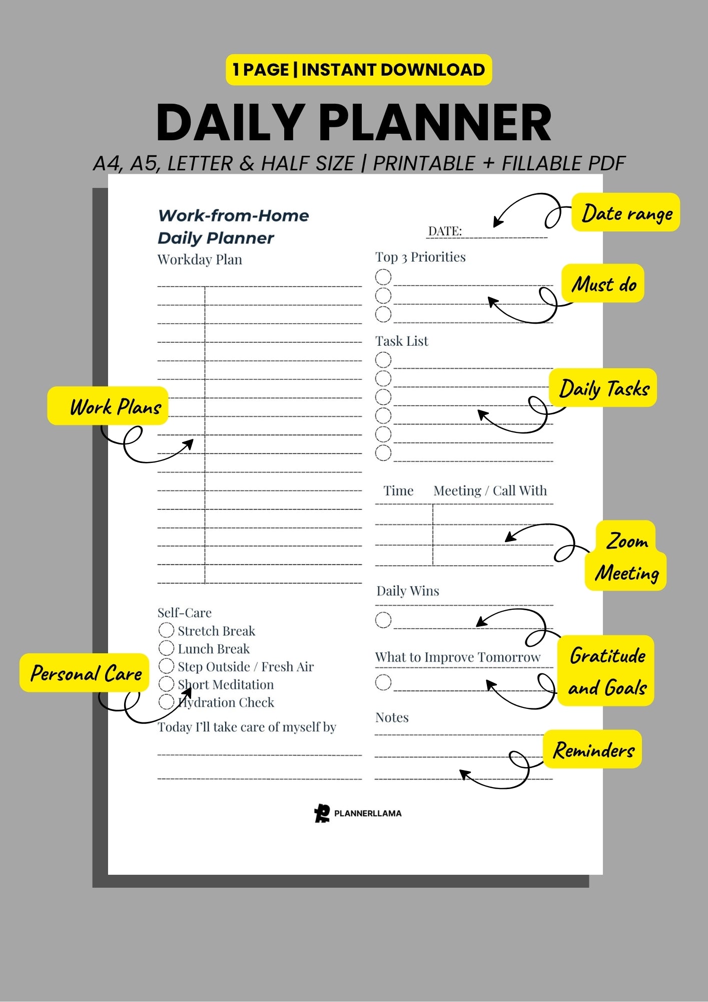 Work-from-Home Daily Planner – Time Block & Task Focused – Undated, Printable & Fillable (A4/A5/Half Letter/US Letter) – Plannerllama