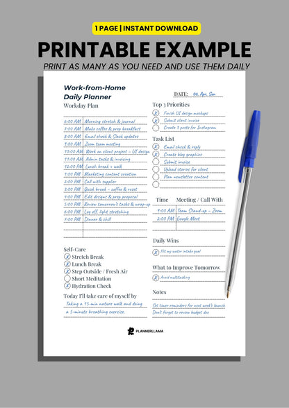 Work-from-Home Daily Planner – Time Block & Task Focused – Undated, Printable & Fillable (A4/A5/Half Letter/US Letter) – Plannerllama