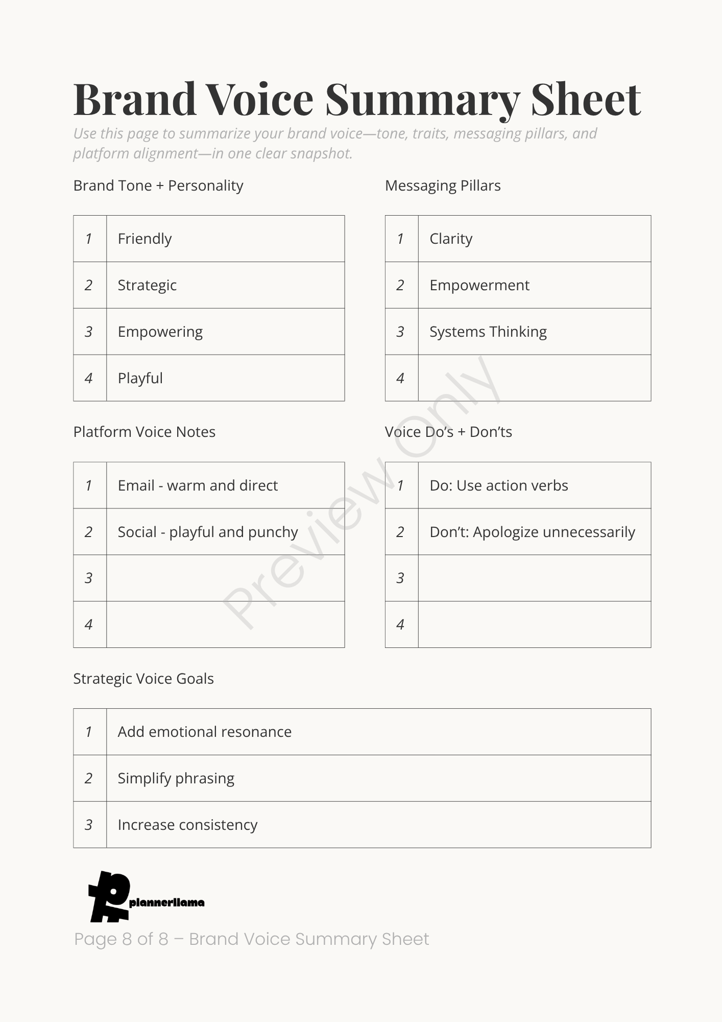 Brand Voice Builder – Module 9 | Color + Ink Saver Planner PDF
