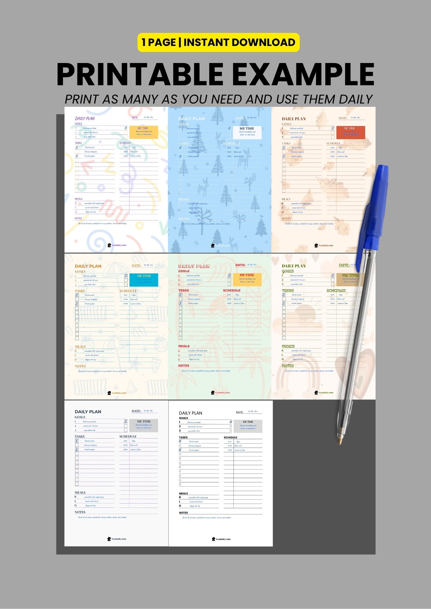 Generic Daily Planner – Undated, Printable & Fillable (A4/A5/Half Letter/US Letter) – Plannerllama