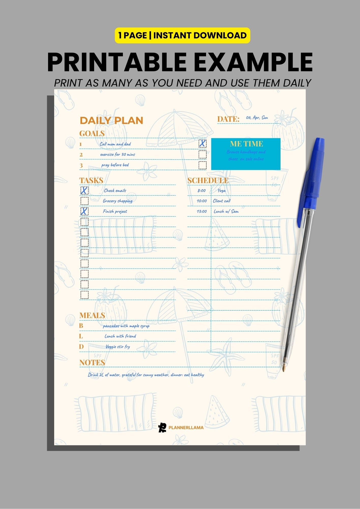 Generic Daily Planner – Undated, Printable & Fillable (A4/A5/Half Letter/US Letter) – Plannerllama