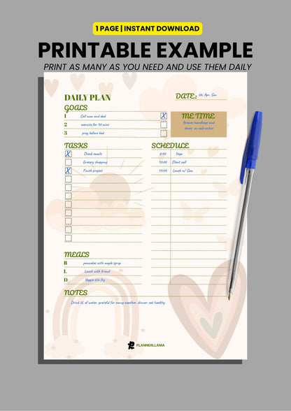 Generic Daily Planner – Undated, Printable & Fillable (A4/A5/Half Letter/US Letter) – Plannerllama