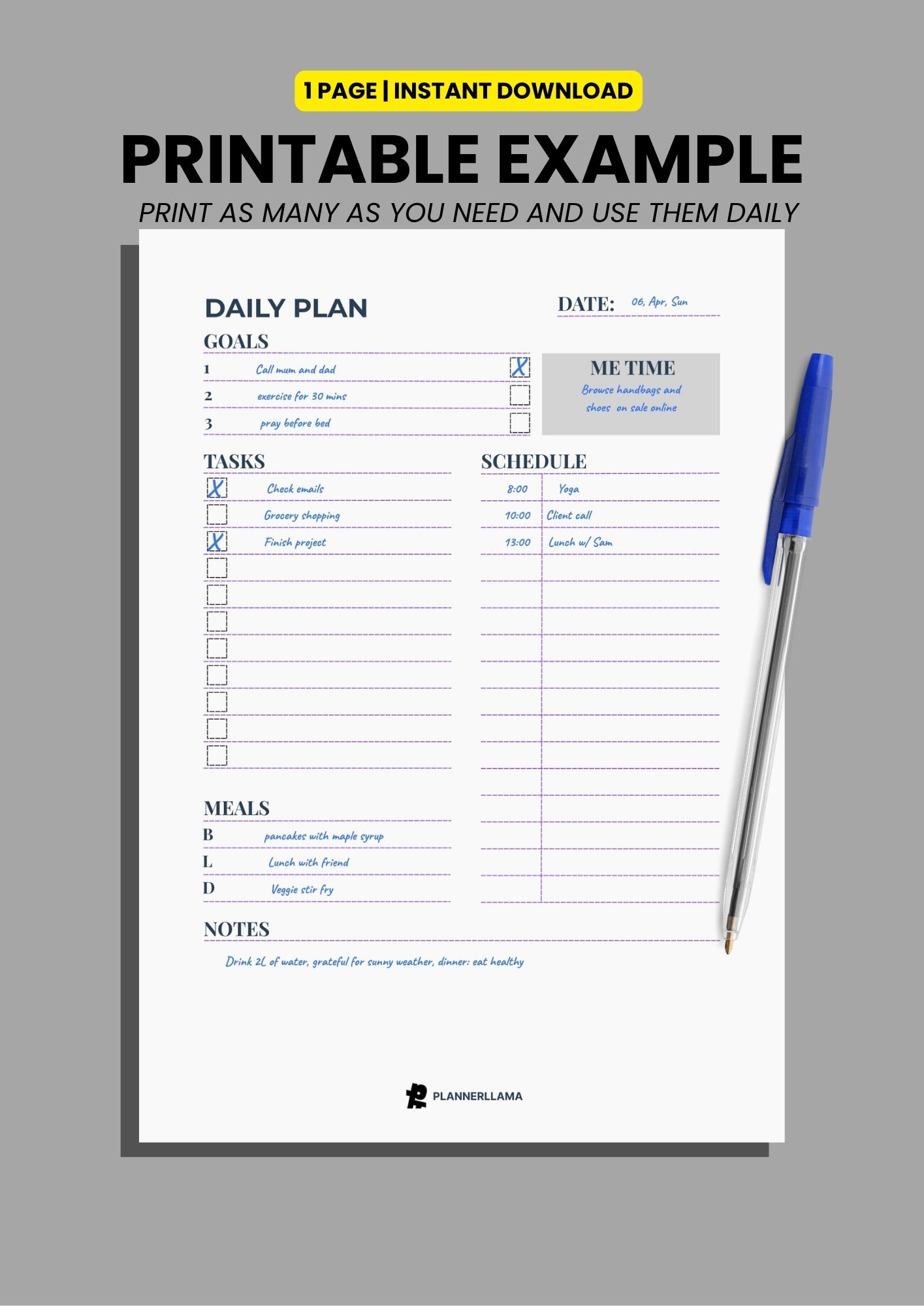 Generic Daily Planner – Undated, Printable & Fillable (A4/A5/Half Letter/US Letter) – Plannerllama