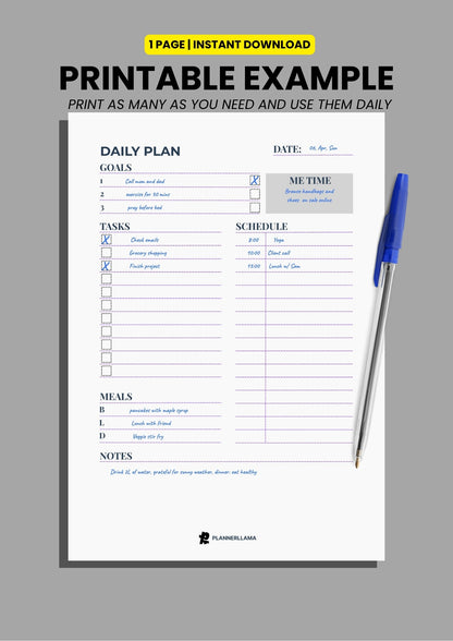 Generic Daily Planner – Undated, Printable & Fillable (A4/A5/Half Letter/US Letter) – Plannerllama