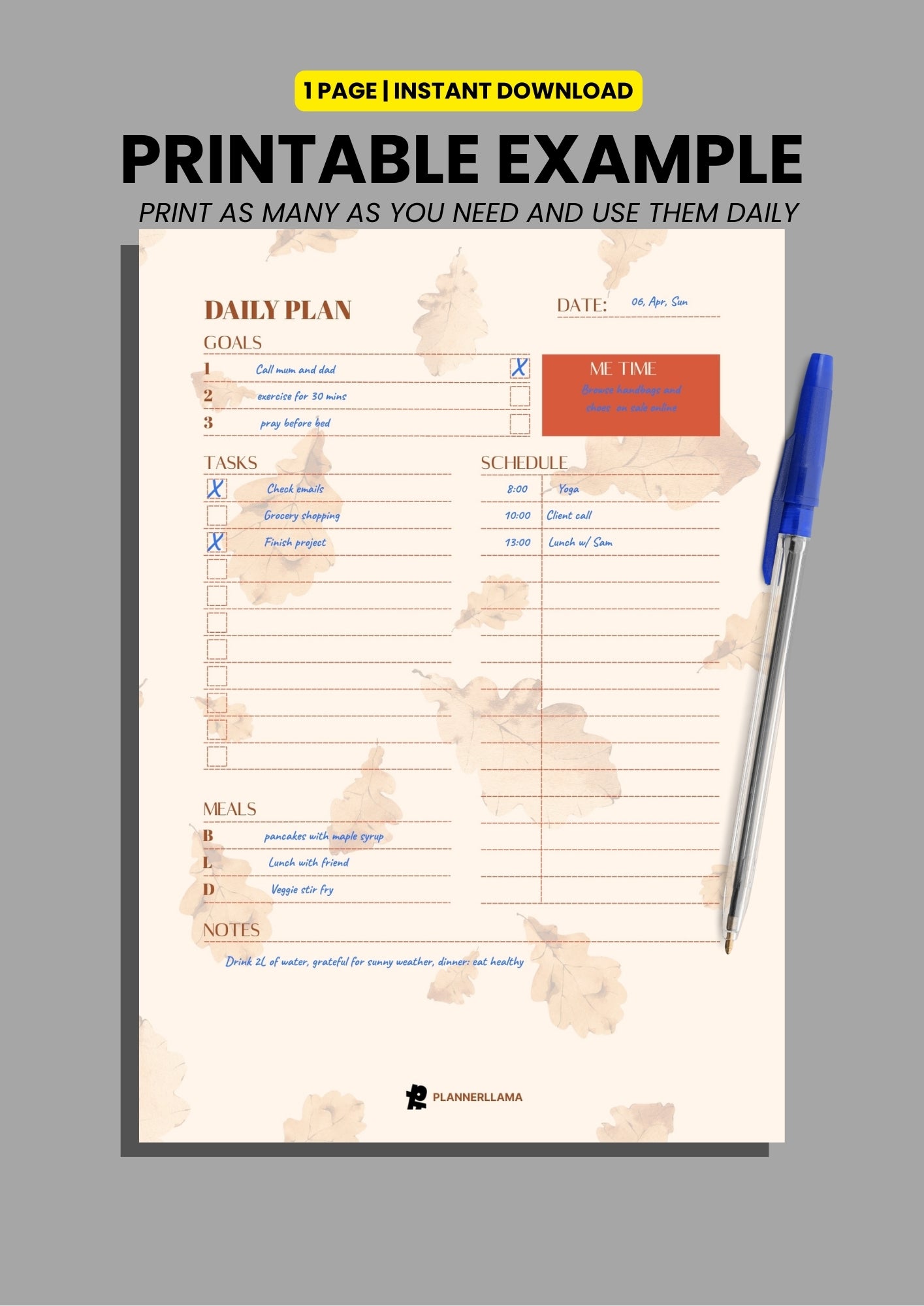 Generic Daily Planner – Undated, Printable & Fillable (A4/A5/Half Letter/US Letter) – Plannerllama