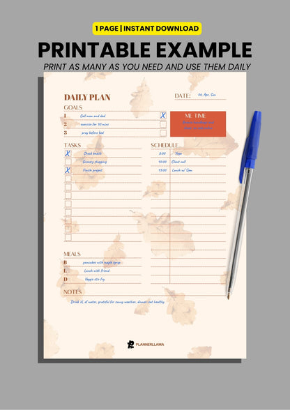 Generic Daily Planner – Undated, Printable & Fillable (A4/A5/Half Letter/US Letter) – Plannerllama