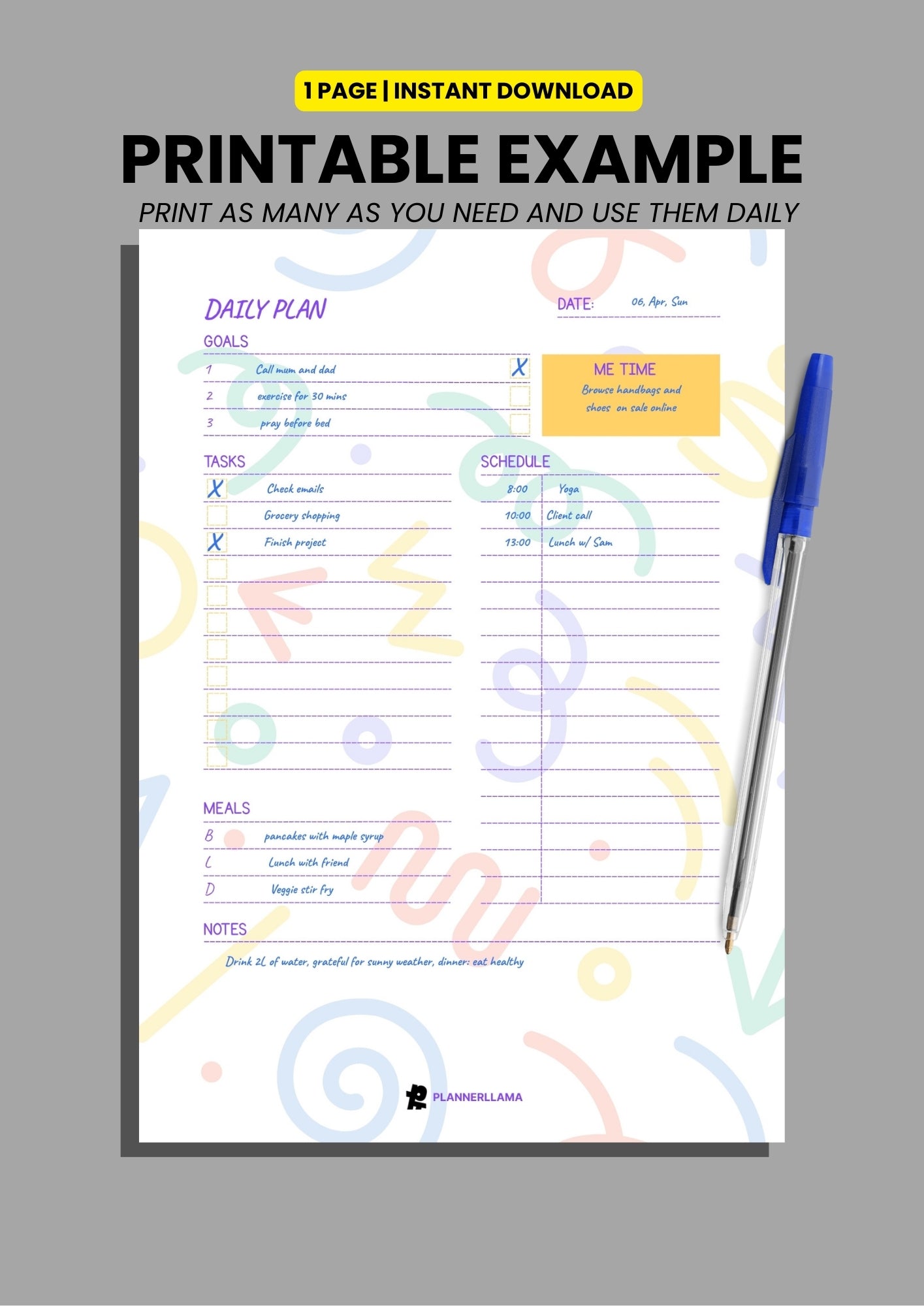 Generic Daily Planner – Undated, Printable & Fillable (A4/A5/Half Letter/US Letter) – Plannerllama