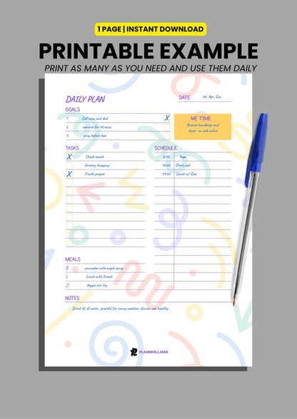 Generic Daily Planner – Undated, Printable & Fillable (A4/A5/Half Letter/US Letter) – Plannerllama