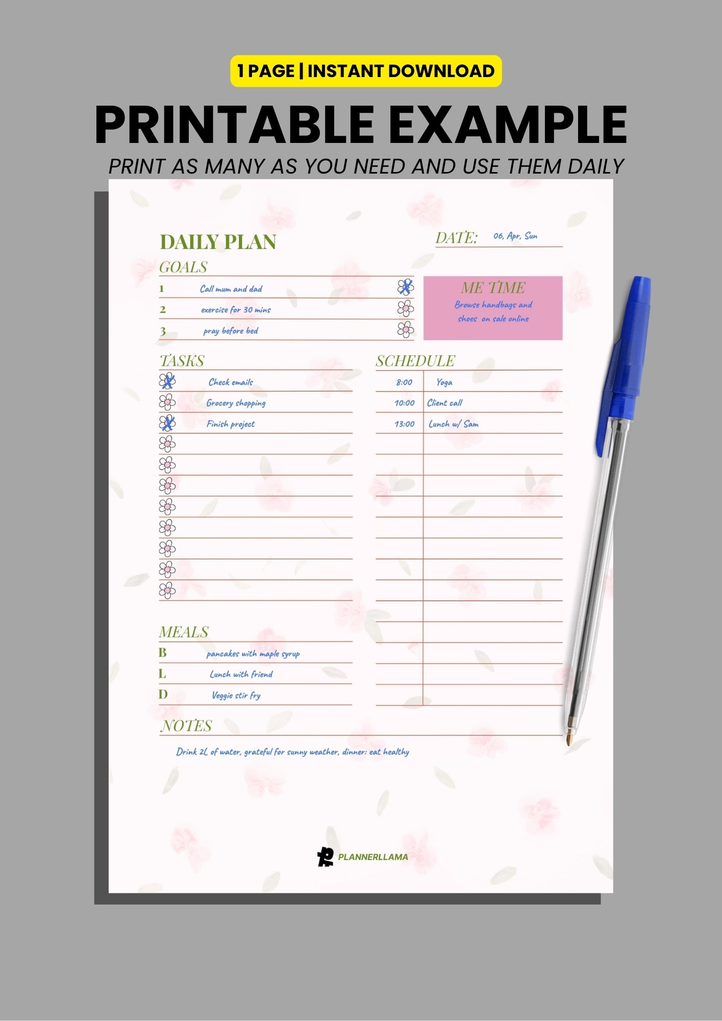 Generic Daily Planner – Undated, Printable & Fillable (A4/A5/Half Letter/US Letter) – Plannerllama