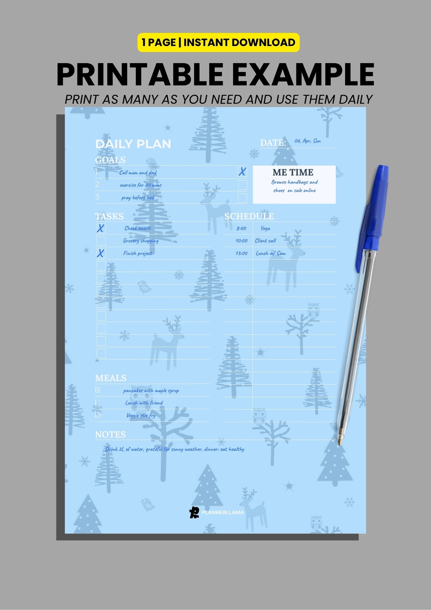 Generic Daily Planner – Undated, Printable & Fillable (A4/A5/Half Letter/US Letter) – Plannerllama