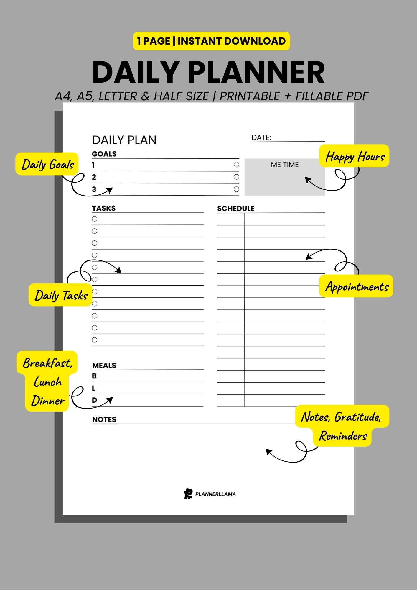 Generic Daily Planner – Undated, Printable & Fillable (A4/A5/Half Letter/US Letter) – Plannerllama