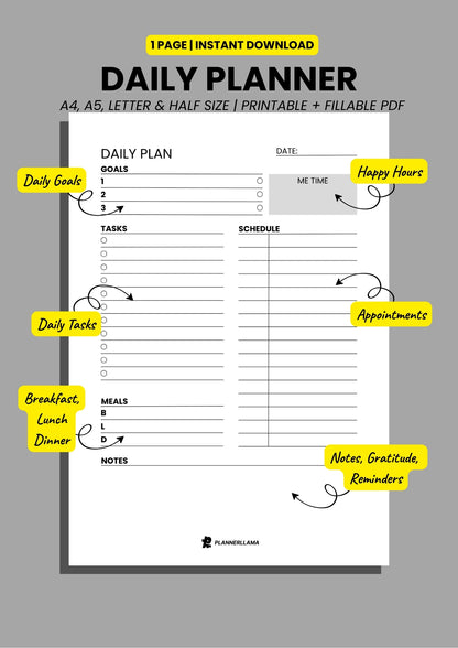 Generic Daily Planner – Undated, Printable & Fillable (A4/A5/Half Letter/US Letter) – Plannerllama