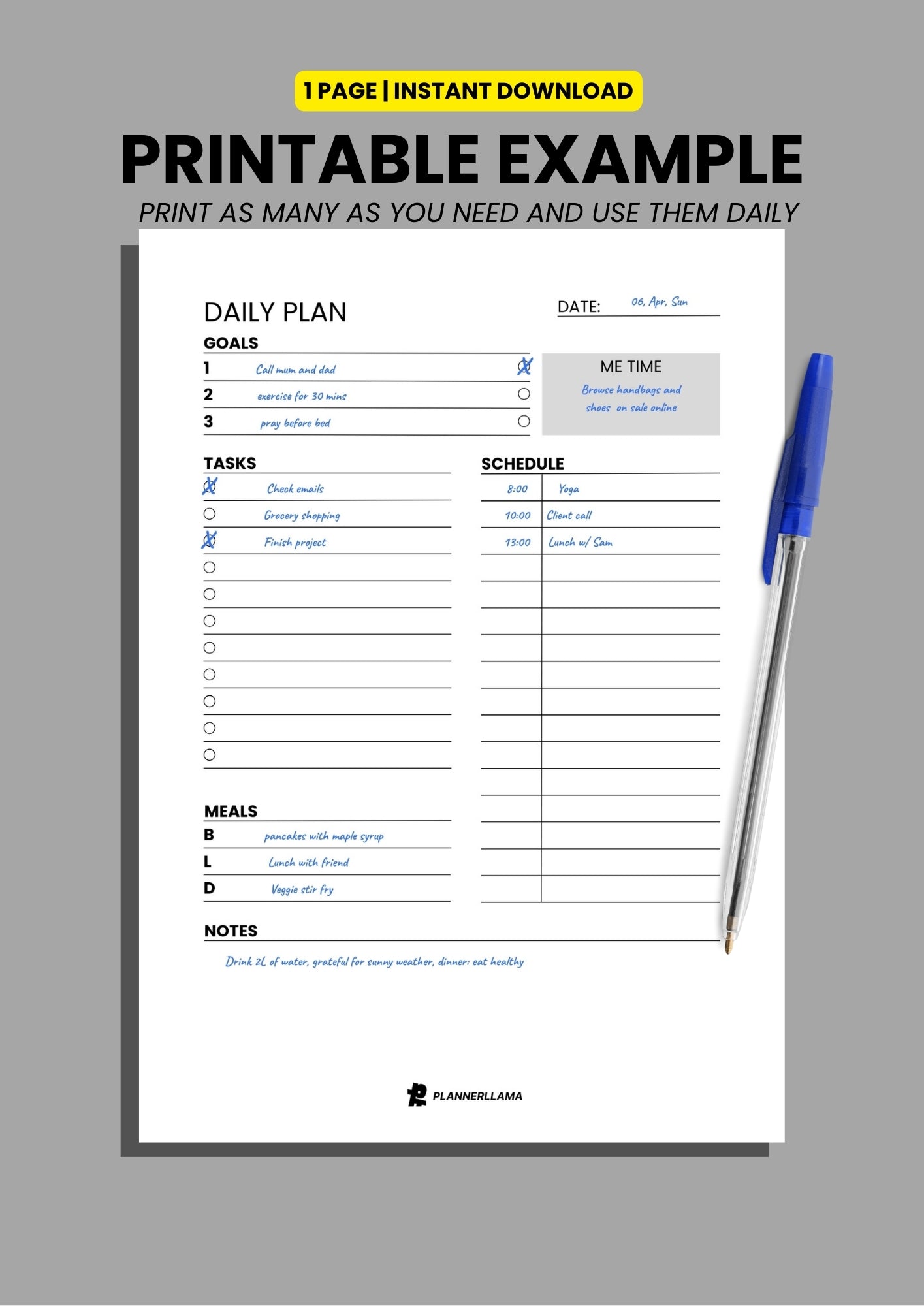 Generic Daily Planner – Undated, Printable & Fillable (A4/A5/Half Letter/US Letter) – Plannerllama