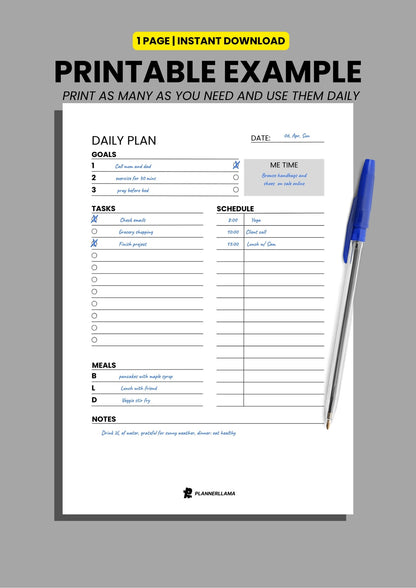 Generic Daily Planner – Undated, Printable & Fillable (A4/A5/Half Letter/US Letter) – Plannerllama
