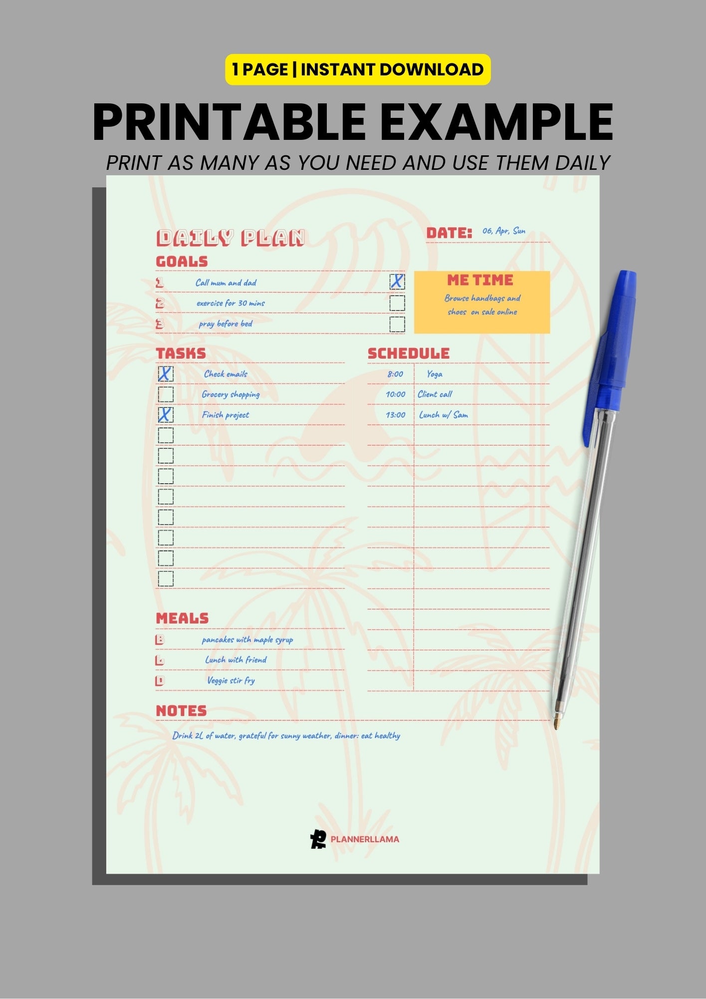 Generic Daily Planner – Undated, Printable & Fillable (A4/A5/Half Letter/US Letter) – Plannerllama
