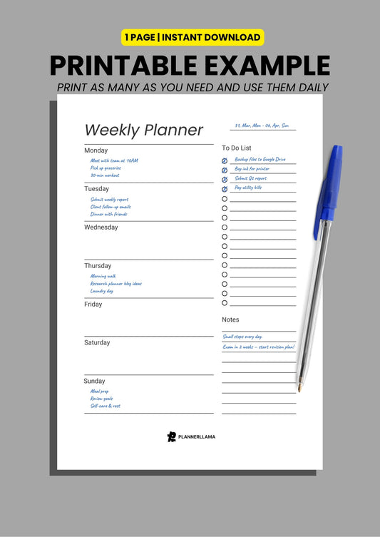 Generic Weekly Planner – Undated, Printable & Fillable (A4/A5/Half Letter/US Letter) – Plannerllama
